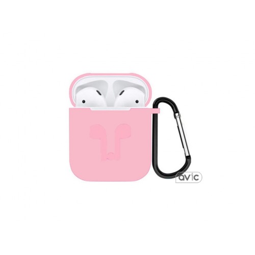 Чехол для Airpods Silicon case с карабином и ремешком Light Pink