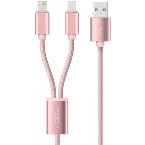Кабель Rock 2 in 1 charging cable w/ersion B/USBA TO lightning+micro/ 1,2M Rose Gold