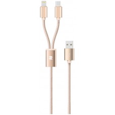 Кабель Rock 2 in 1 charging cable w/version D/USBA TO lightning+micro/ 1,2M Gold