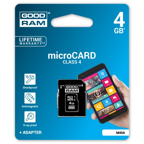 Карта памяти MicroSDHC 4GB Class 4 GOODRAM + SD-adapter (M40A-0040R11)