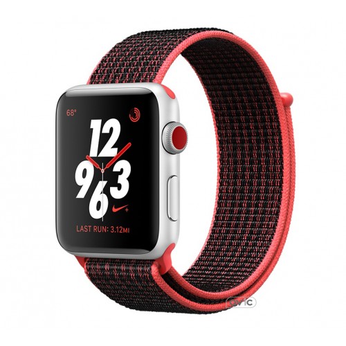 Apple Watch Nike+ Series 3 (GPS + Cellular) 38mm Silver Aluminum w. Bright Crimson/BlackSport L. (MQL72)
