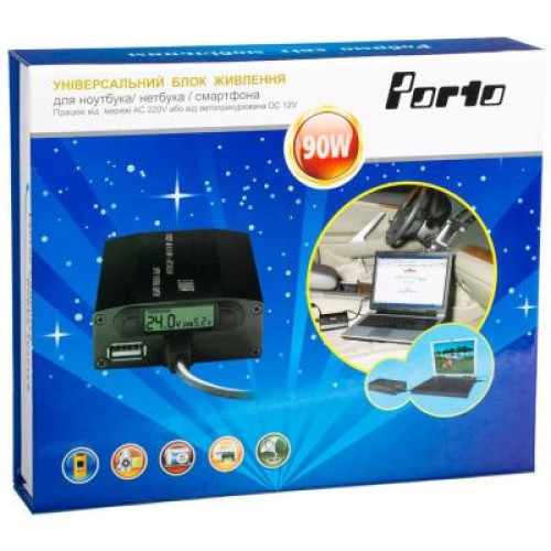 Блок питания к ноутбуку PORTO 100W, DC 15-24V (рег), 5A max, + USB 5V,1A, + автомобильный (MN-505K)