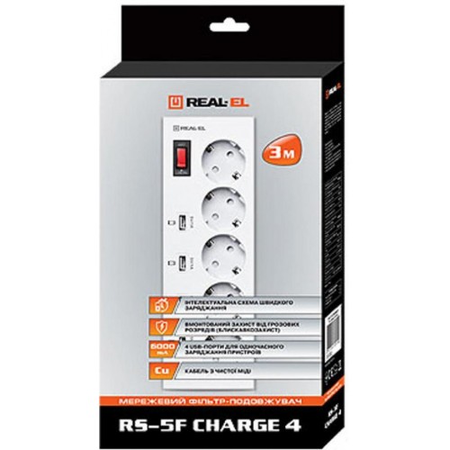 Сетевой фильтр REAL-EL RS-5F USB CHARGE 4 3 м (White)